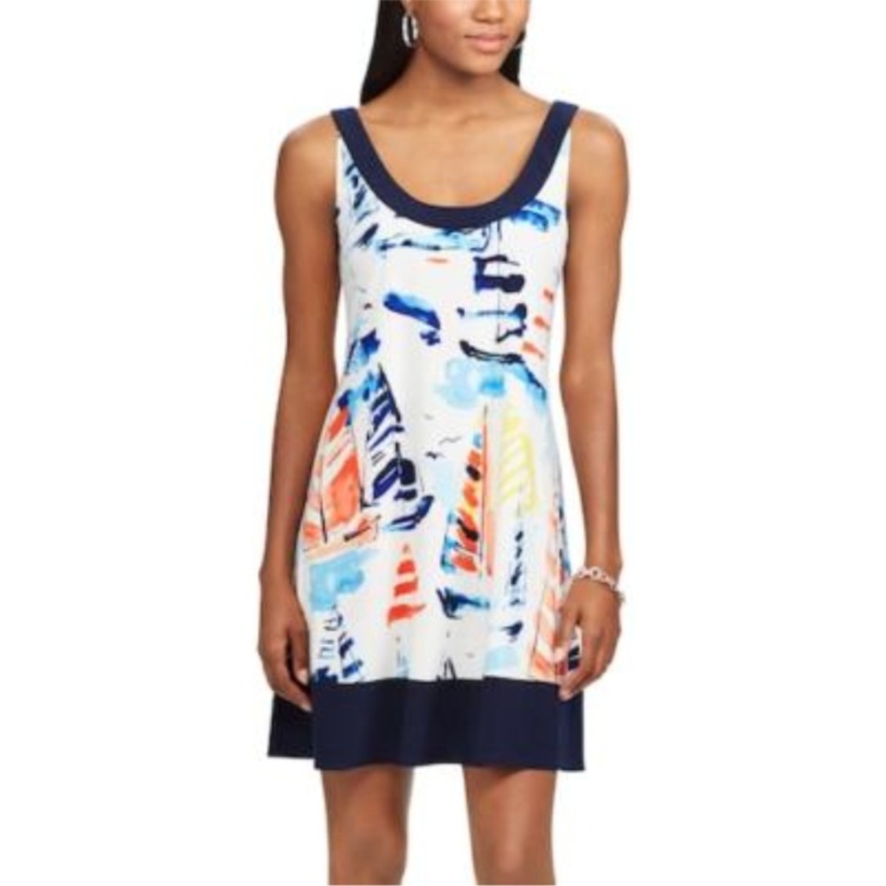 Chaps Womens Watercolor Sailboat Print Shift Dress Navy White Size M NWT $95